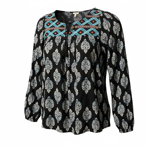 Chip & Pepper Tops - Chip & Pepper Women's Black and Blue Patterned Top V Neck Size Medium